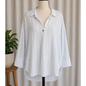 Cupio Womens 2X Blue White Striped Linen Blend Split Neck Tunic Blouse Top